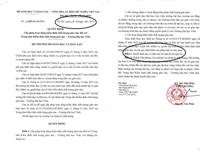 Giấy phép hoạt động kiểm định chất lượng giáo dục của Trung tâm Kiểm định chất lượng giáo dục - Trường Đại học Vinh được công khai trên website của trung tâm có ngày ký vào 17/4/2018, đã hết hiệu lực theo quy định. Ảnh chụp màn hình