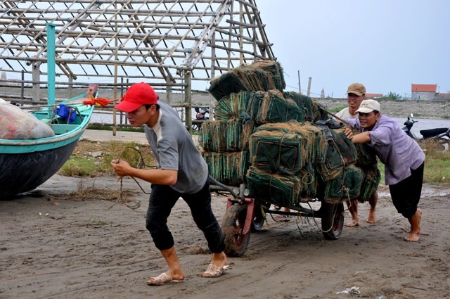 Lưới đánh bắt mực cũng được ngư dân đưa về thuyền để kịp cho việc đánh bắt ngay trong ngày.