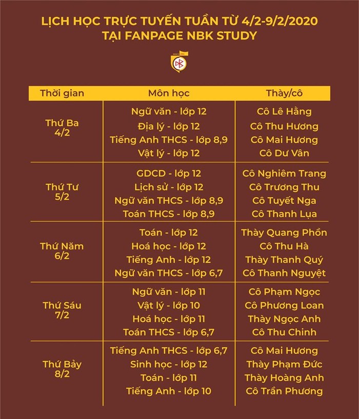 Thời khoá biểu học trực tuyến của trường Nguyễn Bỉnh Khiêm (ảnh NBK).