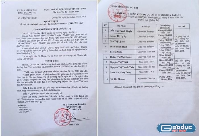 Quyết định của Ủy ban nhân dân tỉnh Quảng Trị cử các giáo viên đi giảng dạy tiếng Việt tại Lào năm 2018. Ảnh: Nhân vật cung cấp