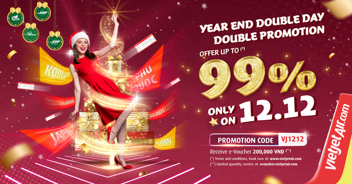 Duy nhất 1 ngày vàng 12/12/2022, khi nhập mã “VJ1212” trên website chính thức www.vietjetair.com hay trên ứng dụng điện thoại Vietjet Air, khách hàng sẽ mua được vé bay ưu đãi lên đến 99% (*)