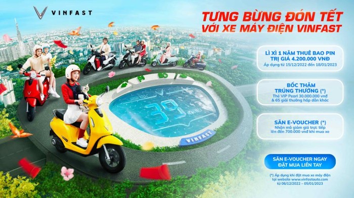 Đến hết ngày 18/01/2023, khách hàng mua xe máy điện VinFast có cơ hội tham dự chương trình “Tưng bừng đón Tết với xe máy điện VinFast” và nhận nhiều phần quà hấp dẫn có giá trị lên đến gần 35 triệu đồng.