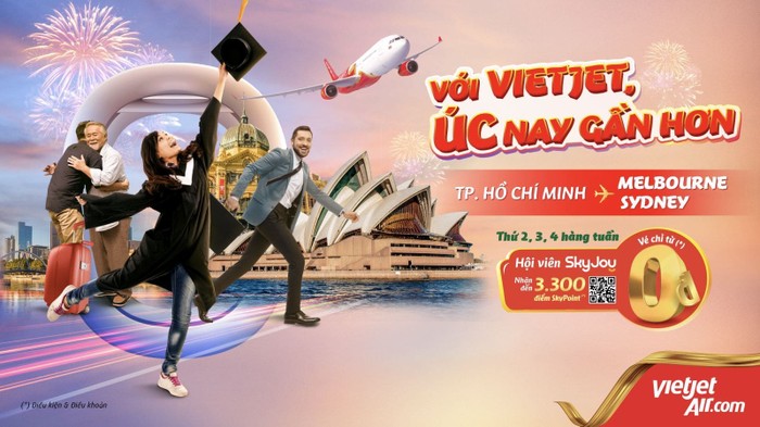 Vietjet tung khuyến mãi hấp dẫn từ 0 đồng (*) mở bán không giới hạn khung giờ vào thứ thứ Hai, Ba, Tư mỗi tuần áp dụng cho tất cả đường bay giữa Việt Nam – Úc