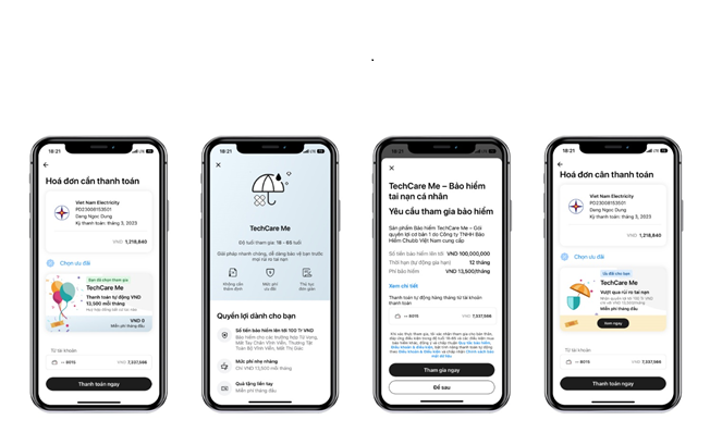 Màn hình trải nghiệm sản phẩm TechCare Me trên ứng dụng Techcombank Mobile