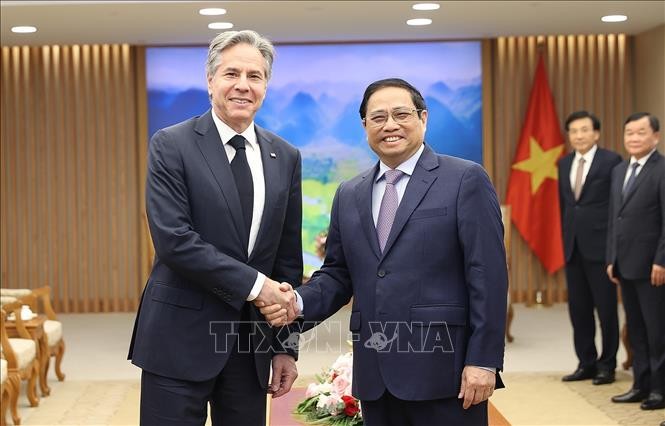 Thủ tướng Phạm Minh Chính tiếp Bộ trưởng Ngoại giao Hoa Kỳ Antony Blinken. Ảnh: TTXVN