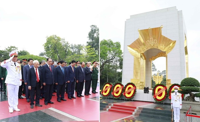 Các đồng chí lãnh đạo Đảng, Nhà nước tưởng niệm Anh hùng, liệt sĩ. Ảnh: An Đăng - TTXVN