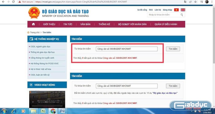 Tìm kiếm Công văn số 368/BGDĐT-KHCNMT trên Cổng thông tin điện tử Bộ Giáo dục và Đào tạo ngày 16/2/2022 ghi nhận 0 kết quả. (Ảnh: Ánh Dương)