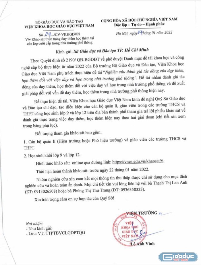 Công văn số 04/CV-VKHGDVN của Viện Khoa học giáo dục Việt Nam khảo sát thực trạng dạy thêm, học thêm. (Ảnh: Ánh Dương)