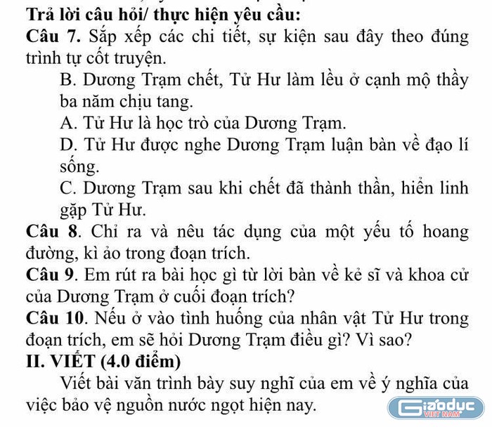 Đề kiểm tra môn Ngữ văn 9. (Ảnh: Cao Nguyên)