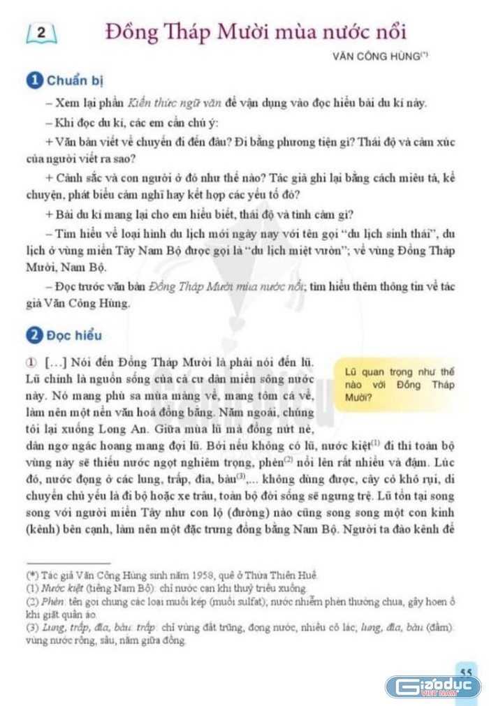 Một phần nội dung văn bản “Đồng Tháp Mười mùa nước nổi”. (Ảnh: Nguyễn Trọng Bình)