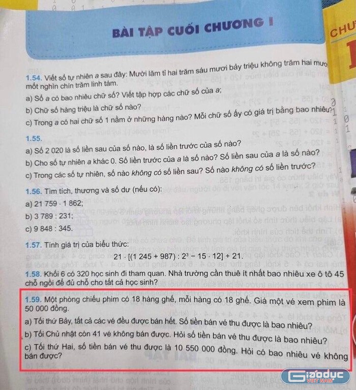 Bài 1.59 sách giáo khoa Toán 6 in tại Quảng Nam. (Ảnh: Hồ Đông)