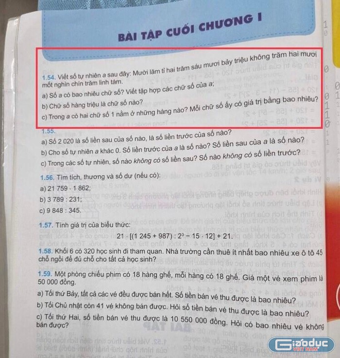 Bài 1.54 sách giáo khoa Toán 6 in tại Sóc Trăng. (Ảnh: Hồ Đông)