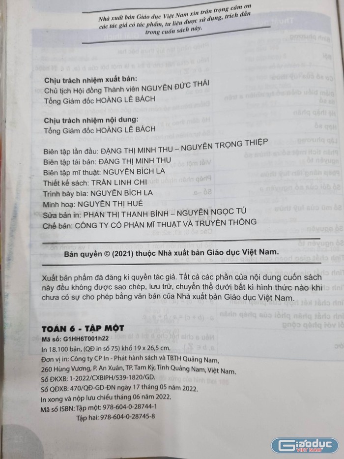 Sách giáo khoa Toán 6 (tập 1) in tại Công ty CP In - Phát hành sách và TBTH Quảng Nam. (Ảnh: Hồ Đông)