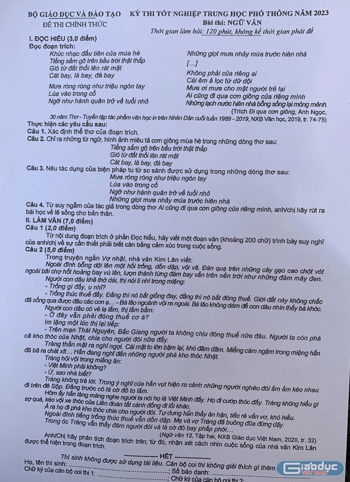 Đề thi tốt nghiệp trung học phổ thông môn Ngữ văn 2023. (Ảnh: Cao Nguyên)