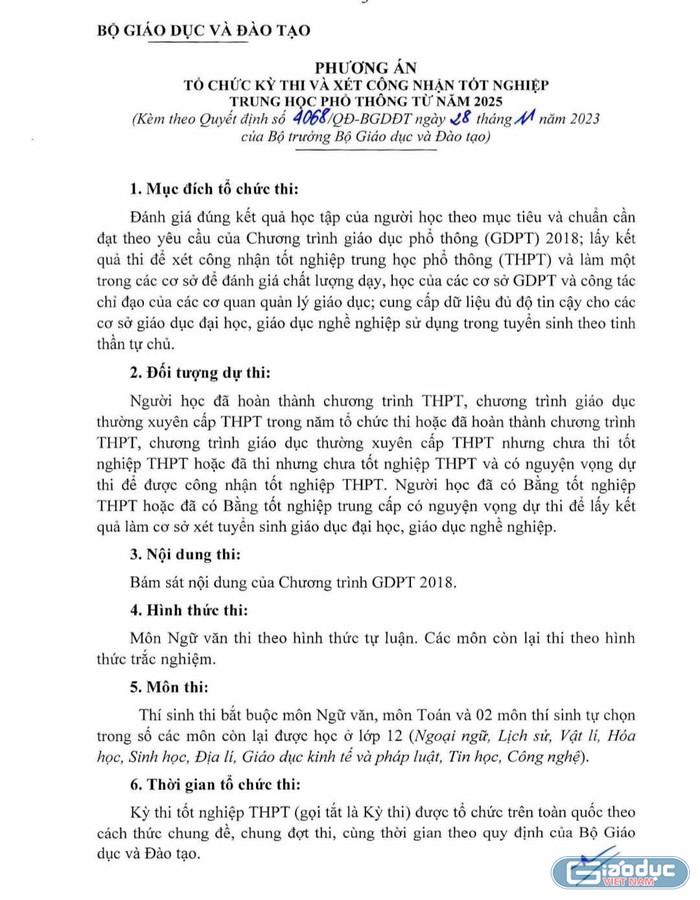 Phương án tổ chức kì thi và xét công nhận tốt nghiệp từ 2025. (Ảnh chụp màn hình)