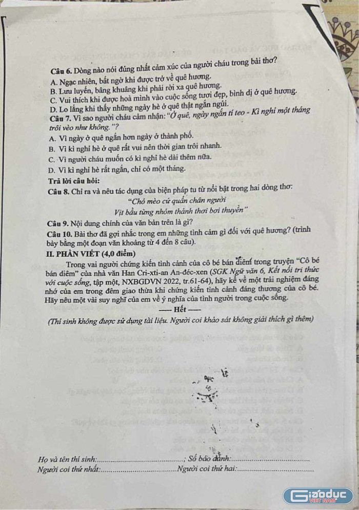 Đề kiểm tra Ngữ văn 6 của Sở Giáo dục và Đào tạo Hà Nam. (Ảnh: GVCC)