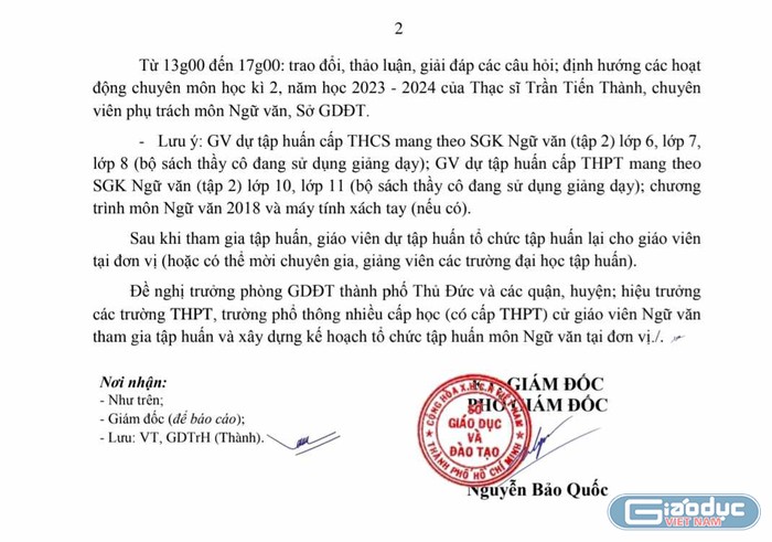 Một phần nội dung Công văn 138/SGDĐT-GDTrH. (Ảnh: Minh Anh)