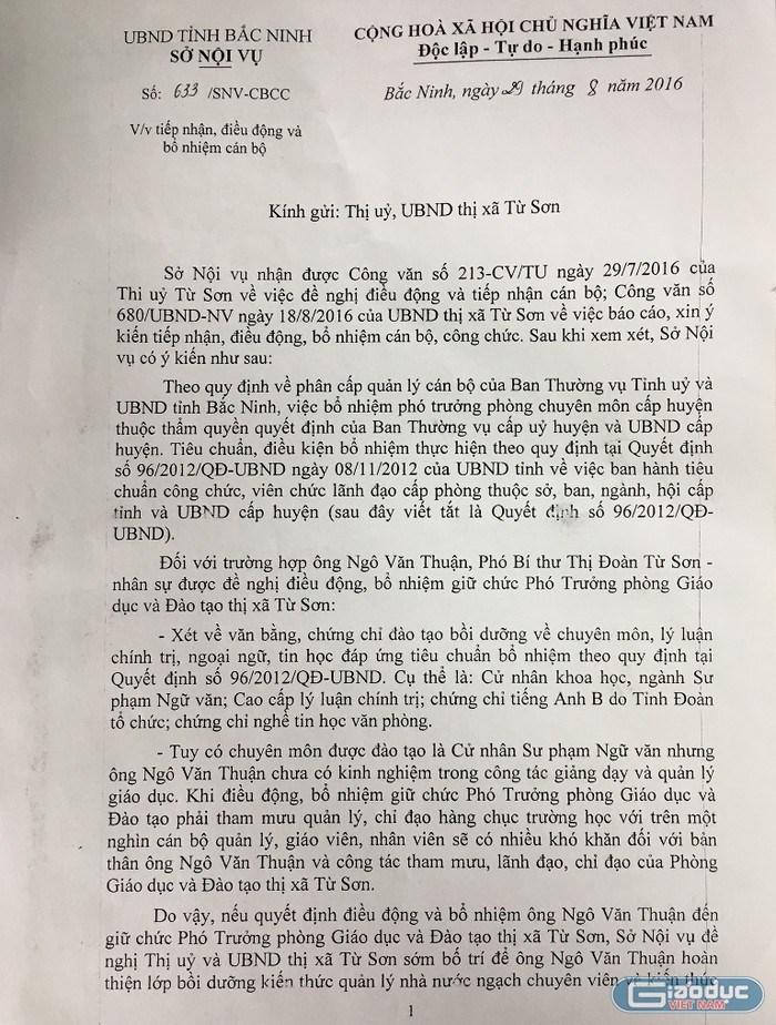 Văn bản trả lời của Sở Nội vụ tỉnh Bắc Ninh đồng ý cho Ủy ban nhân dân thị xã Từ Sơn bổ nhiệm ông Ngô Văn Thuận giữ chức Phó Trưởng phòng Giáo dục và Đào tạo &quot;nợ&quot; tiêu chuẩn. Ảnh: V.P