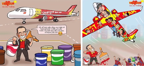 Trên facebook mấy ngày nay lan truyền hình ảnh các cầu thủ U23 Việt Nam trên tàu bay Vietjet do các hoạ sỹ phóng tác.