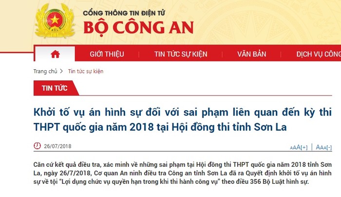 Cổng thông tin điện tử Bộ Công an chính thức thông tin khởi tố vụ án hình sự liên quan đến việc gian lận thi cử tại Sơn La gây bức xúc dư luận. Ảnh: Chụp từ cổng thông tin Bộ Công an.