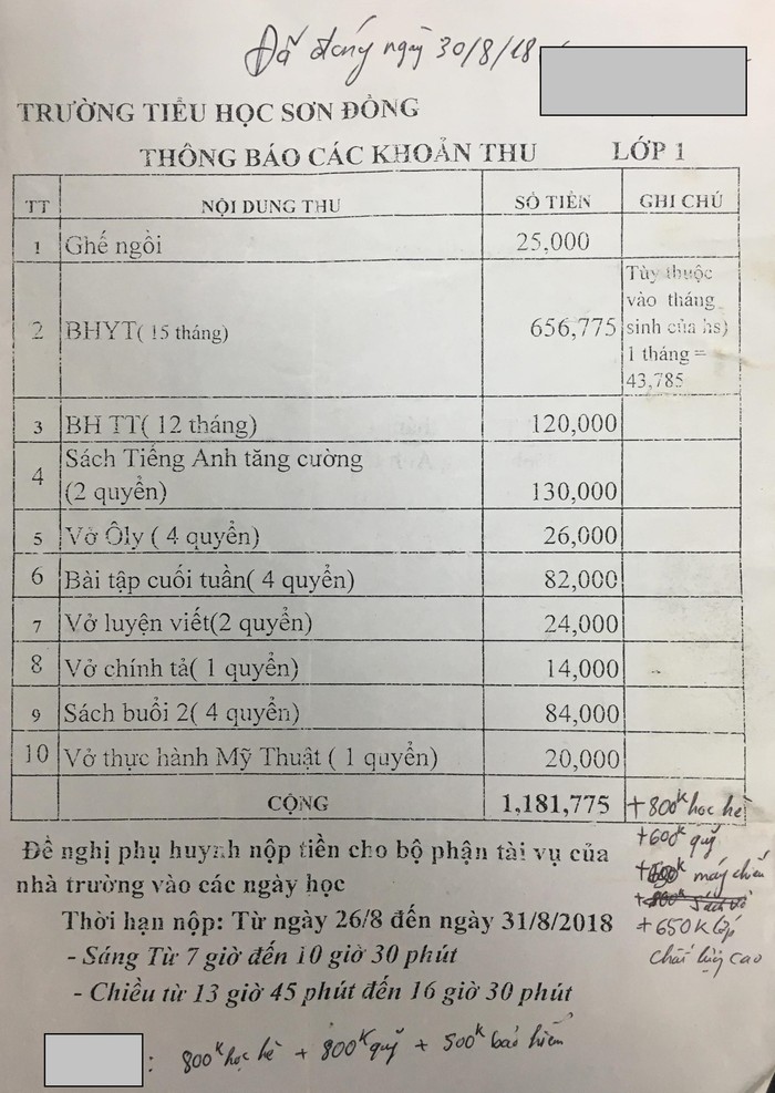 Phụ huynh gửi bằng chứng đã đóng tiền tại phòng tài vụ nhà trường, còn hiệu trưởng nhà trường lại phủ nhận mới chỉ dự kiến. Ảnh: NVCC.