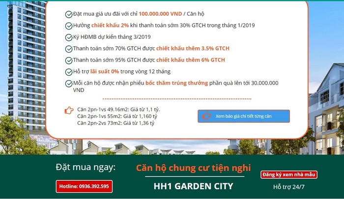 Một bảng quảng cáo căn hộ tòa nhà HH1 dự án FLC Garden City. Ảnh: chụp từ màn hình.