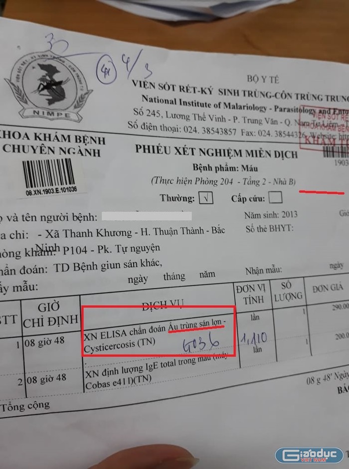 Một trẻ khác nhiễm sán lợn khám tại Viện sốt rét - Ký sinh trùng - Côn trùng Trung ương. Ảnh: Nhân vật cung cấp.