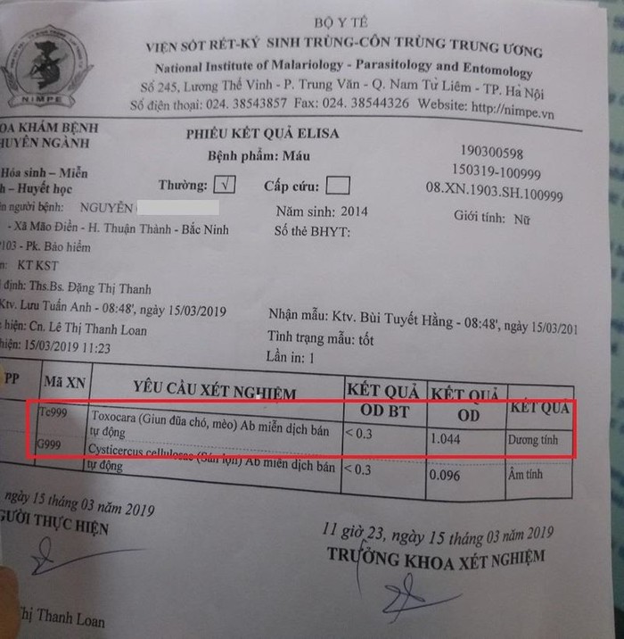 Một trường hợp trẻ tại mầm non Mão Điền bị nhiễm sán dây chó. Hôm nay Bắc Ninh tổ chức xét nghiệm máu tại mầm non Mão Điền có khoảng 500 cháu đến làm xét nghiệm. Ảnh: NVCC.