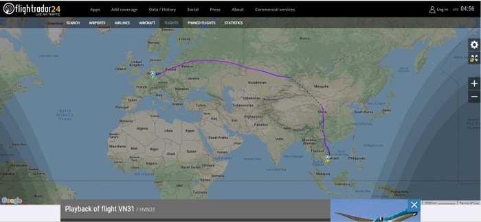 Hình ảnh lịch trình chuyến bay VN31 của Vietnam Airlines tối ngày 28/5 được cho là bị chậm nhiều phút vì chờ vị khách VIP. Ảnh: Chụp từ màn hình flightradar24.