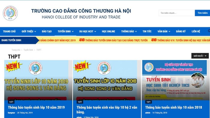 Website của Trường cao đẳng Công Thương Hà Nội rầm rộ quảng cáo, tuyển sinh lớp 10 hệ song song 2 văn bằng. Ảnh: Chụp màn hình.