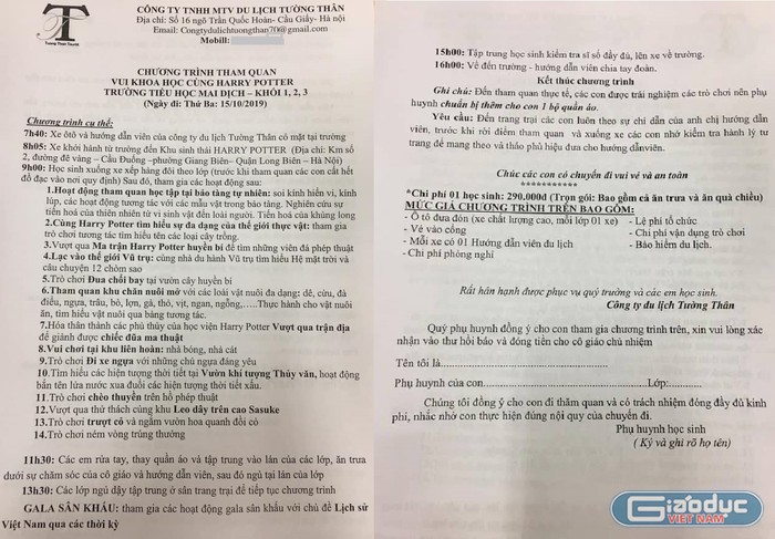 Phiếu đăng ký tham quan giáo viên Trường Tiểu học Mai Dịch gửi cho phụ huynh học sinh. Ảnh: Cha mẹ học sinh cung cấp.