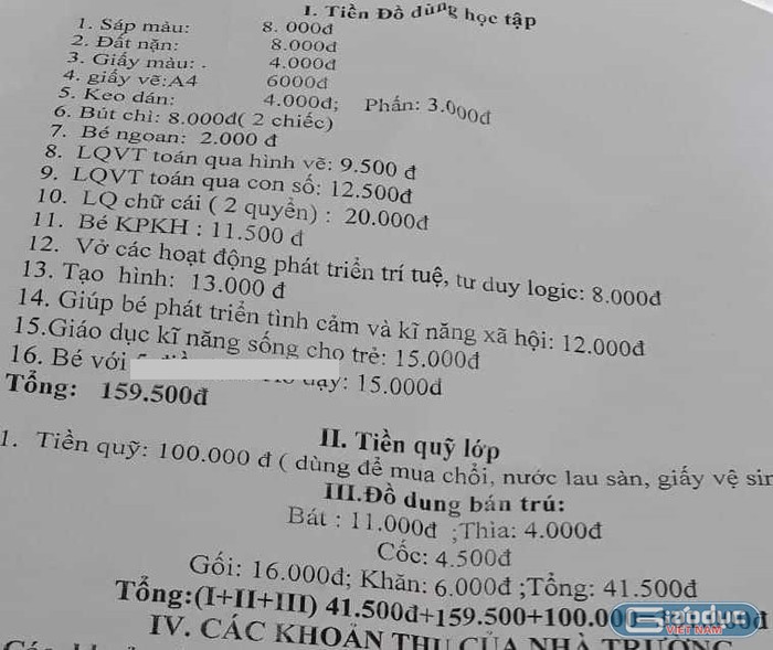 Ngoài khoản thu thỏa thuận, Trường mầm non Đông Khê còn thu nhiều khoản khác nữa như tiền đồ dùng dục cụ. Ảnh: NVCC.