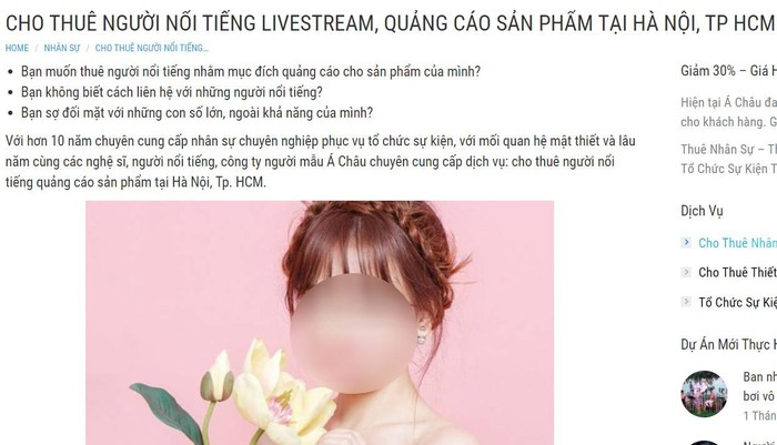 Có cả dịch vụ cho thuê người nổi tiếng để quảng cáo sản phẩm. Ảnh: Chụp màn hình.