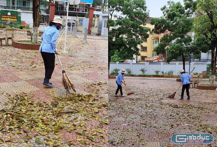 Để các con có mỗi trường học tập trong lành, an toàn phòng chống dịch Covid-19, hàng ngày các cô lao công vẫn thầm lặng làm vệ sinh tất cả các khu vực, trường lớp. Ảnh: NVCC.