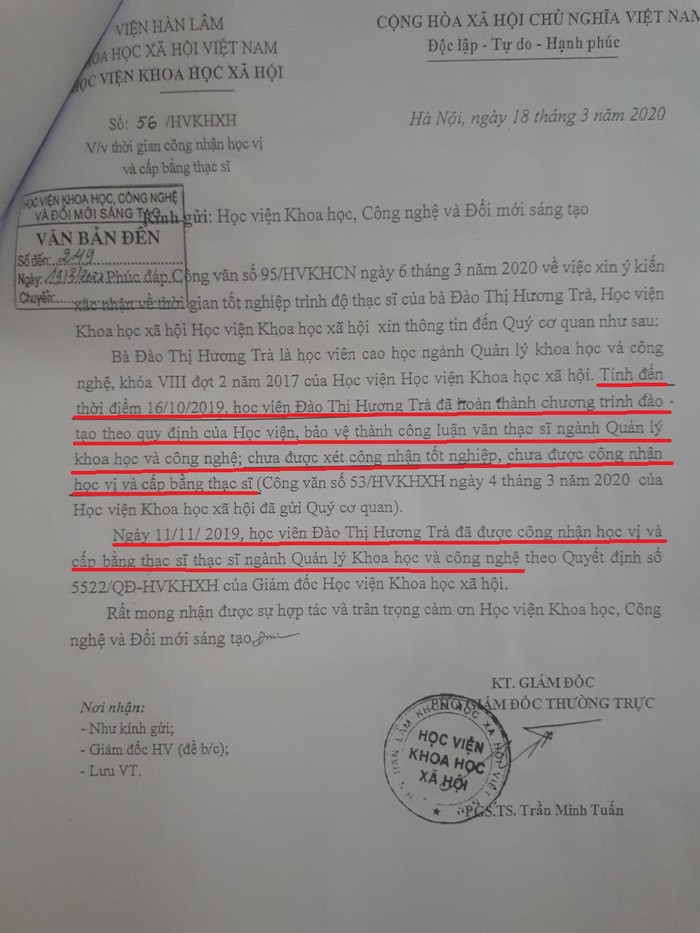 Văn bản chính của Học viện Khoa học xã hội khẳng định bà Đào Thị Hương Trà đến ngày 11/11/2019 mới được công nhận học vị thạc sĩ và được cấp bằng. Ảnh: Chụp công văn.