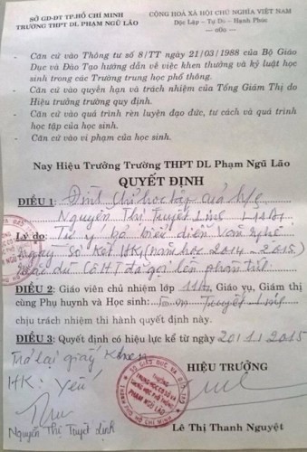 Quyết định buộc thôi học em Nguyễn Thị Tuyết Linh của trường Phạm Ngũ Lão.