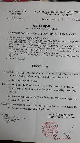 Quyết định chấm dứt hợp đồng lao động của chị Vân (Ảnh: T.Q)