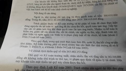 Trích kết luận thanh tra mà Sở giáo dục và Đào tạo TP.HCM đã làm tại trường Lý Tự Trọng (ảnh: P.L)