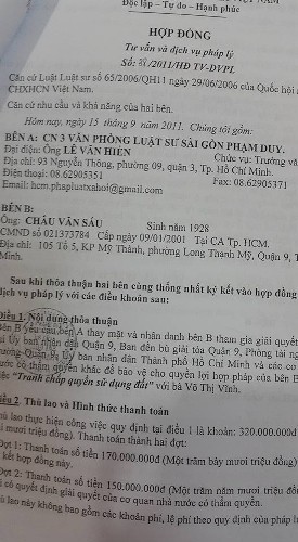 Một trong số các hợp đồng dịch vụ pháp lý của luật sư Hiền ký với gia đình ông Sáu (ảnh: P.L)