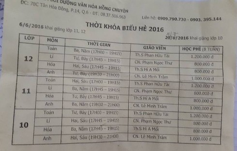 Thời khóa biểu hè 2016 của Trung tâm bồi dưỡng văn hóa Hồng Chuyên (Ảnh: P.L)