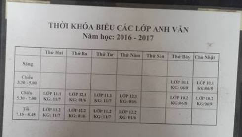 Thời khóa biểu dạy môn Anh Văn năm học 2016 - 2017 của cô Nguyễn Ngọc Bích (ảnh: P.L)