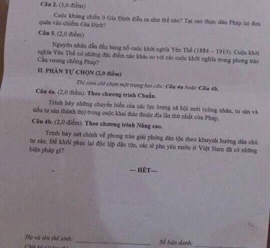 Trích đề kiểm tra Lịch sử học kỳ 2 - khối 11 của tỉnh Đồng Tháp đã bị lộ trên mạng xã hội (ảnh: CTV)