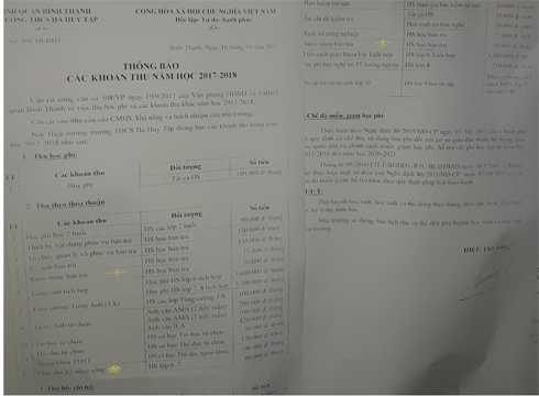 Danh sách các khoản thu cần đóng đầu năm của trường, trong đó có dạy kỹ năng sống (ảnh: CTV)