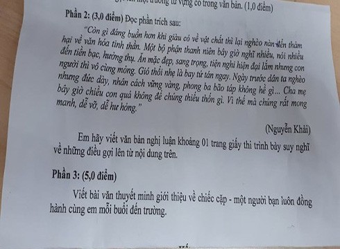 Phần 2, đề kiểm tra học kỳ 1 ngữ văn khối lớp 8 của học sinh quận 3 (ảnh: CTV)