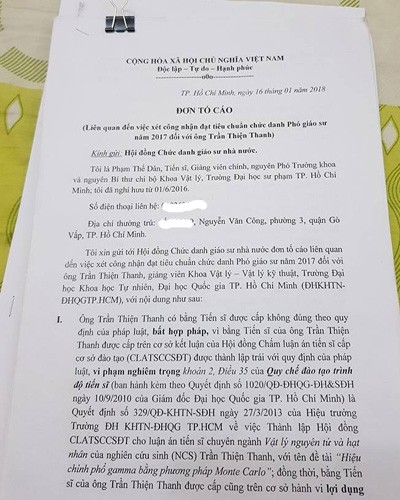 Đơn của Tiến sĩ Phạm Thế Dân về trường hợp của ông Trần Thiện Thanh (ảnh: P.L)