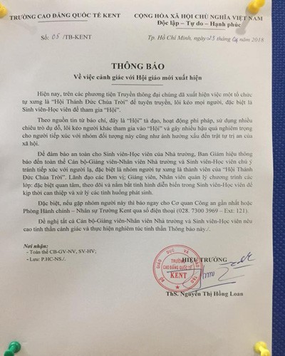 Thông báo số 05 của Trường Kent về &quot;Hội Thánh Đức Chúa Trời&quot; (ảnh: P.L)