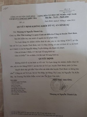 Quyết định không khởi tố vụ án hình sự của Công an huyện Thới Bình, tỉnh Cà Mau (ảnh: P.L)