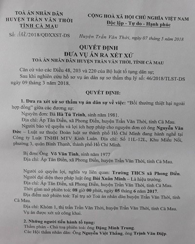 Quyết định đưa ra xét xử công khai vụ án dân sự của Tòa án nhân dân huyện Trần Văn Thời (ảnh: P.L)