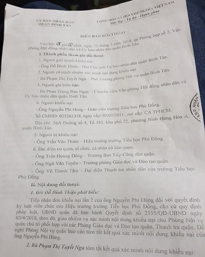 Biên bản cuộc đối thoại ngày 25/5 với thầy Hùng ở Ủy ban nhân dân quận Bình Tân (ảnh: P.L)