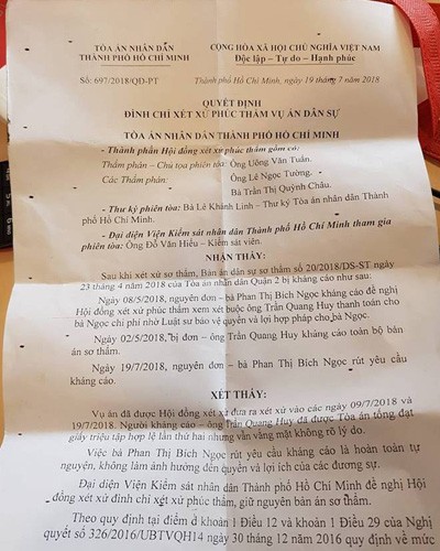 Quyết định đình chỉ xét xử phúc thẩm vụ án dân sự giữa bà Ngọc và ông Huy (ảnh: P.L)